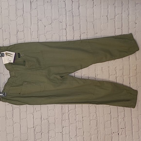NEW Army Green Linen Blend Drawstring Elastic Waistband Pocket Joggers Size XXL - Picture 7 of 8